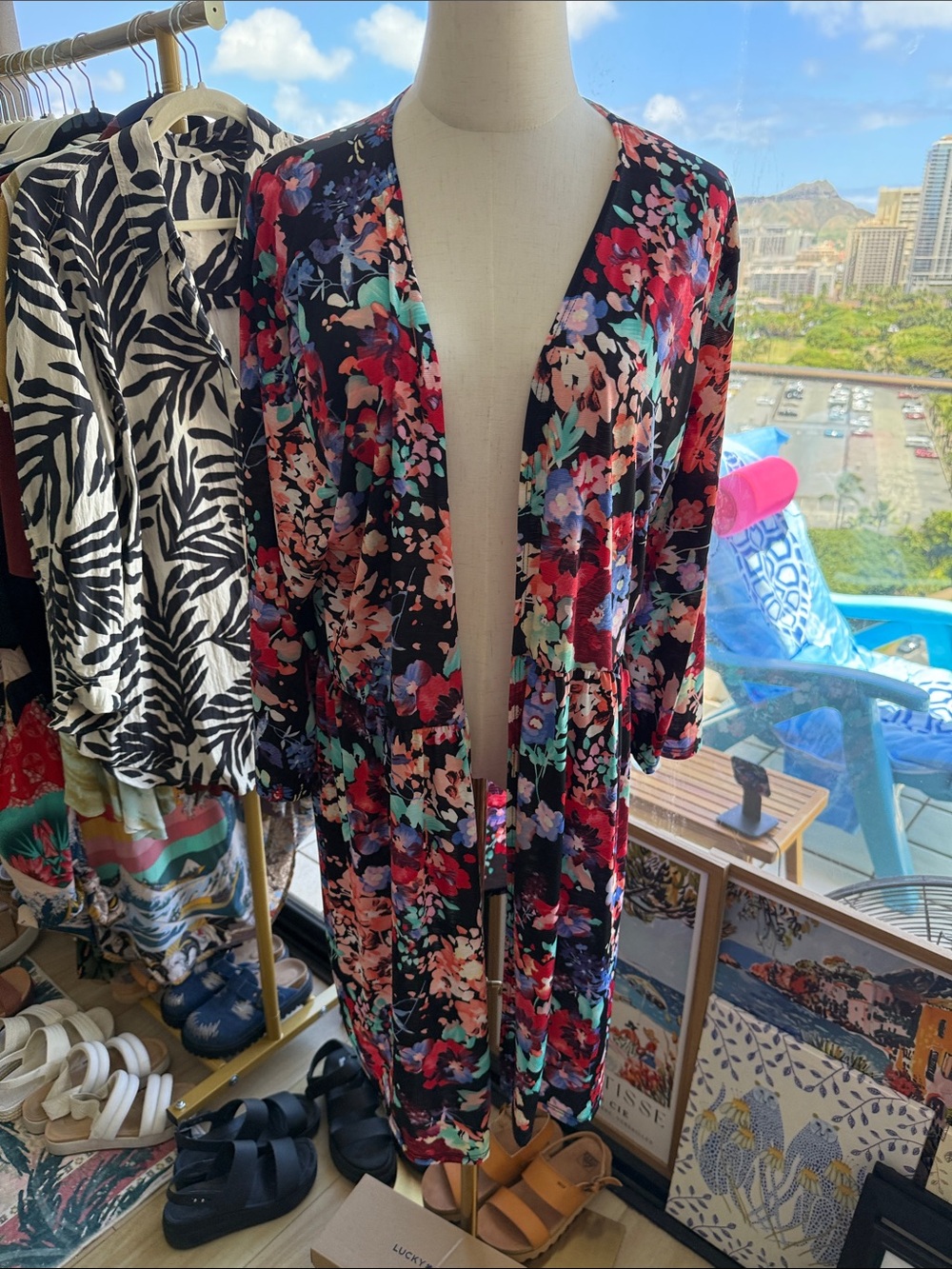 HEIMISH USA Floral Open-Front Long Blazer in Black Multi